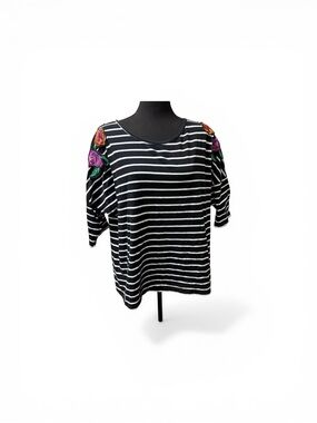 Rebecca Malone Striped Floral Embroidered Sleeve Top Black White XL Boho